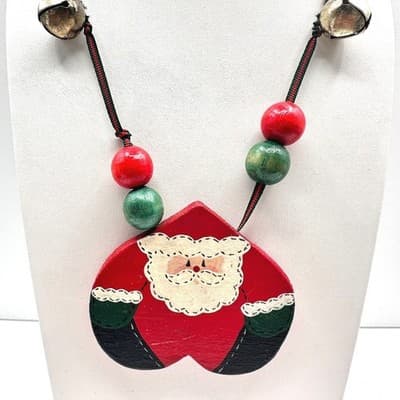 Vintage 90s Christmas Santa Claus Pendant Necklace Wood Jingle Bells Jewelry