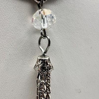 Vintage 90s Clear Crystal Pendant Tassel Necklace Silver Tone Women's Jewelry - Thumbnail 7