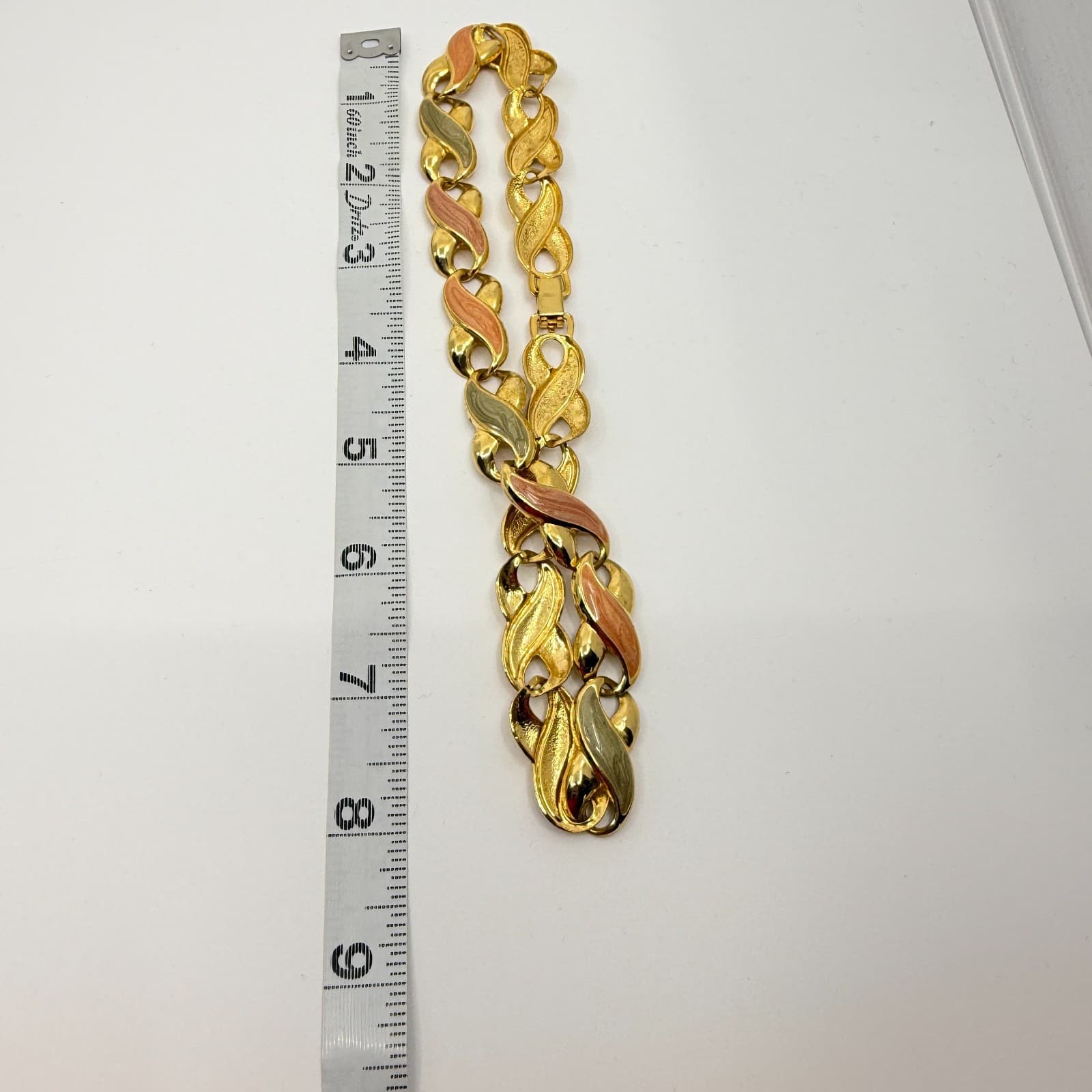 Vintage Gold Tone Enamel Necklace Pink Green Pastel Collar Statement 90s Retro - Thumbnail 10