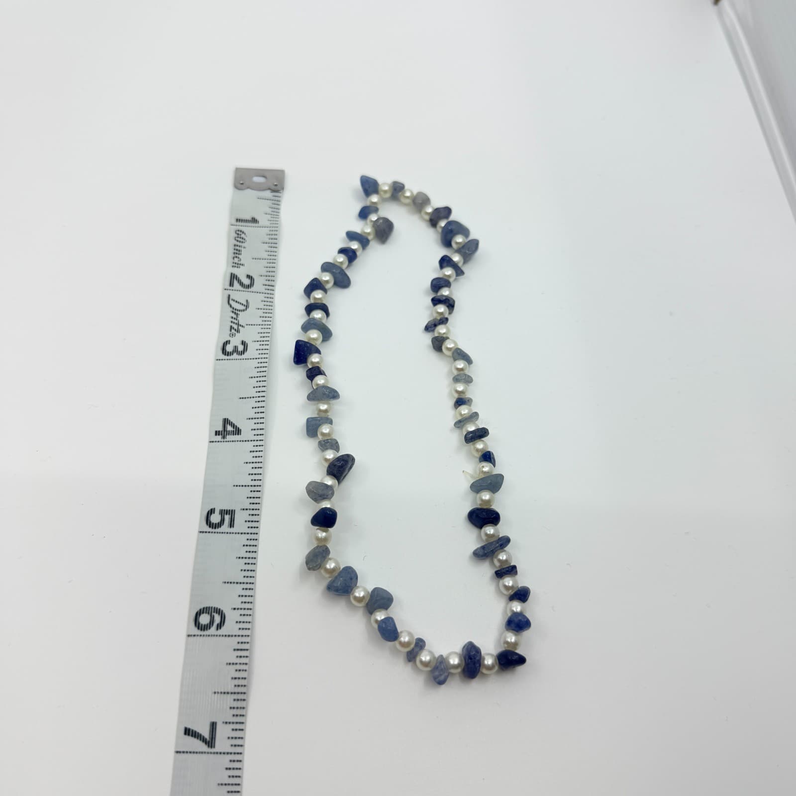 Vintage Blue Stone Chip Necklace Faux Pearl Beaded Statement Boho Y2K 90s Retro - Thumbnail 8