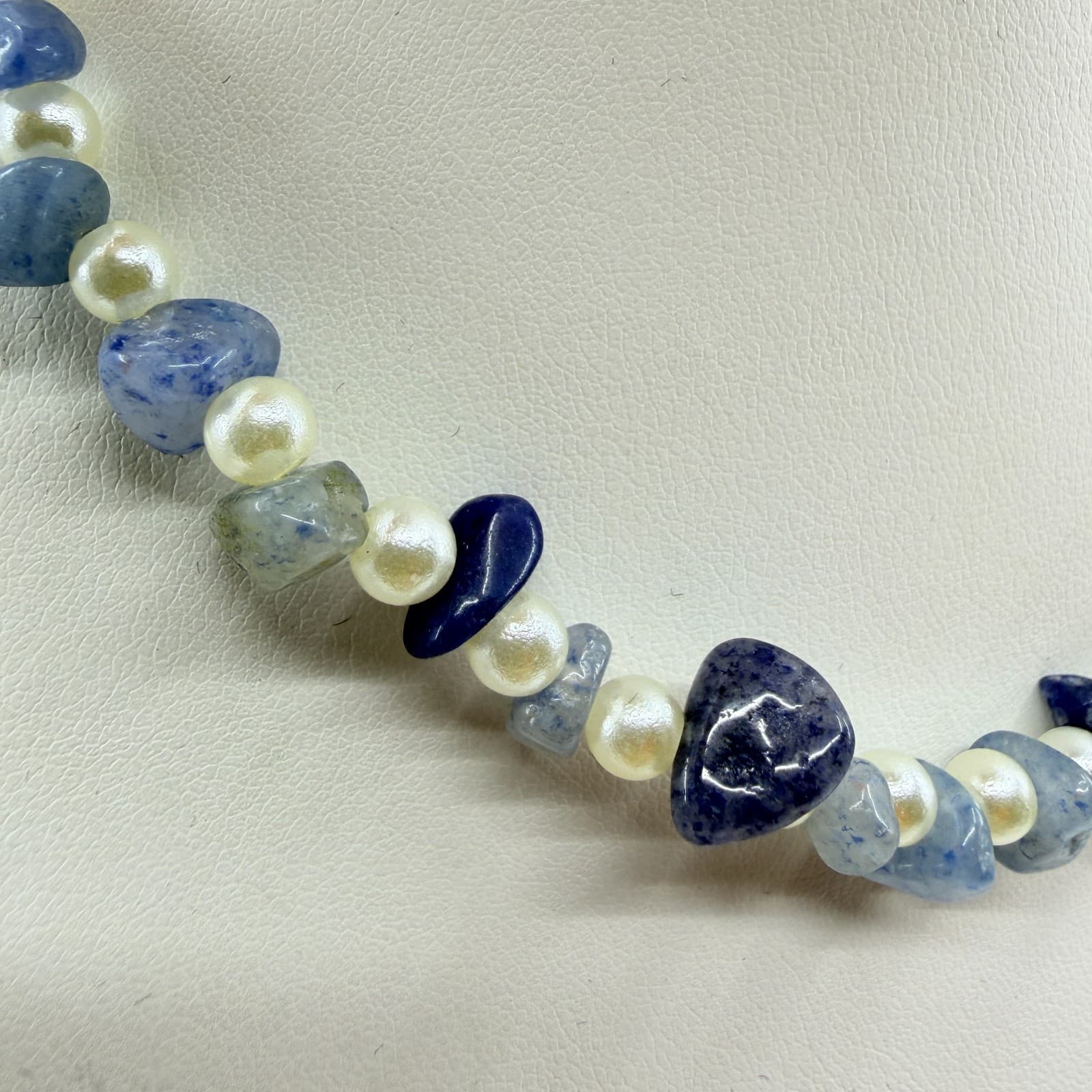 Vintage Blue Stone Chip Necklace Faux Pearl Beaded Statement Boho Y2K 90s Retro - Thumbnail 3