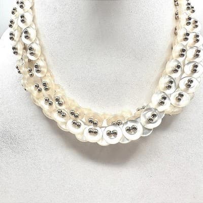 Vintage 90s White MOP Shell Button Collar Necklace Gold Tone Beads Runway Style