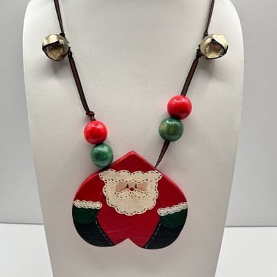 Vintage 90s Christmas Santa Claus Pendant Necklace Wood Jingle Bells Jewelry - Thumbnail 2