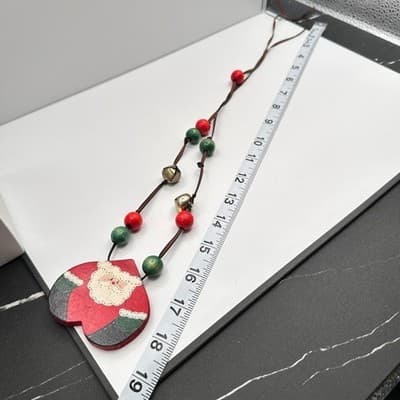 Vintage 90s Christmas Santa Claus Pendant Necklace Wood Jingle Bells Jewelry - Thumbnail 5