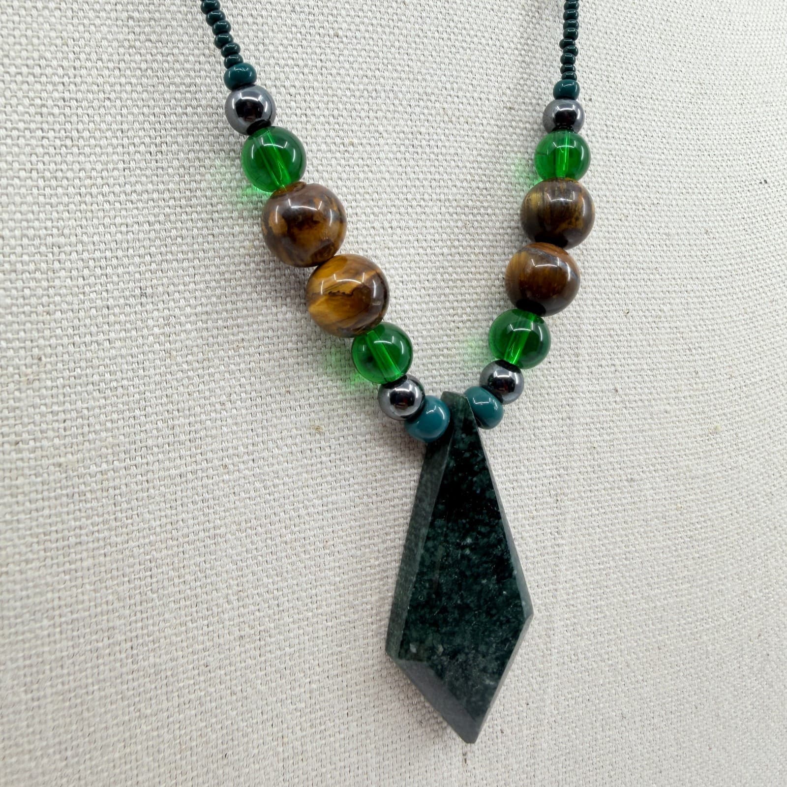 Vintage Green Brown Stone Necklace Geometric Pendant Boho Seed Bead Statement - Thumbnail 2
