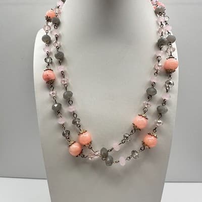 Vintage Multicolor Crystal Bead Double Strand Necklace Gold Tone 90s Jewelry - Thumbnail 2