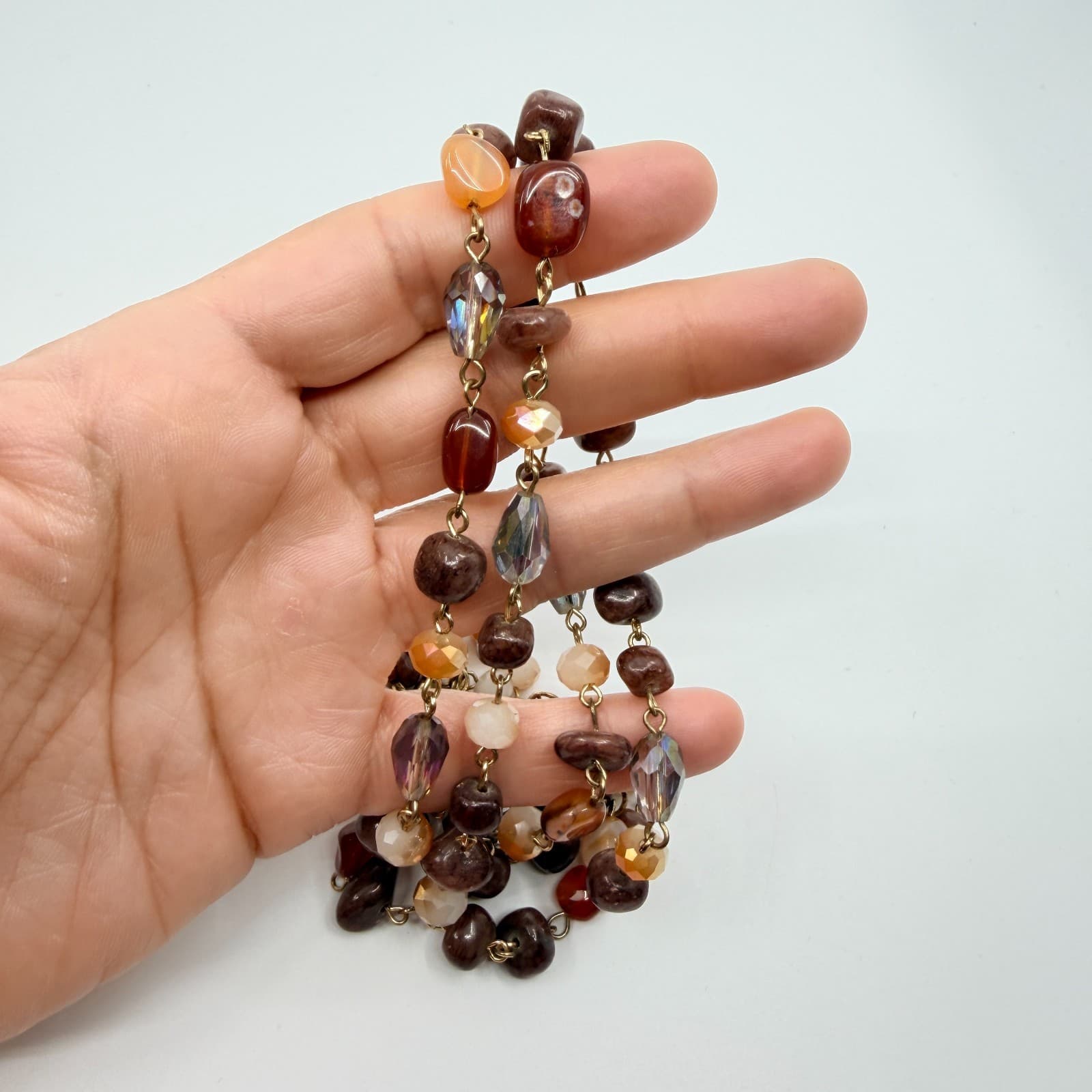 Vintage Gold Tone Brown Beaded Necklace Earth Tone Boho Statement Y2K Retro 90s - Thumbnail 8