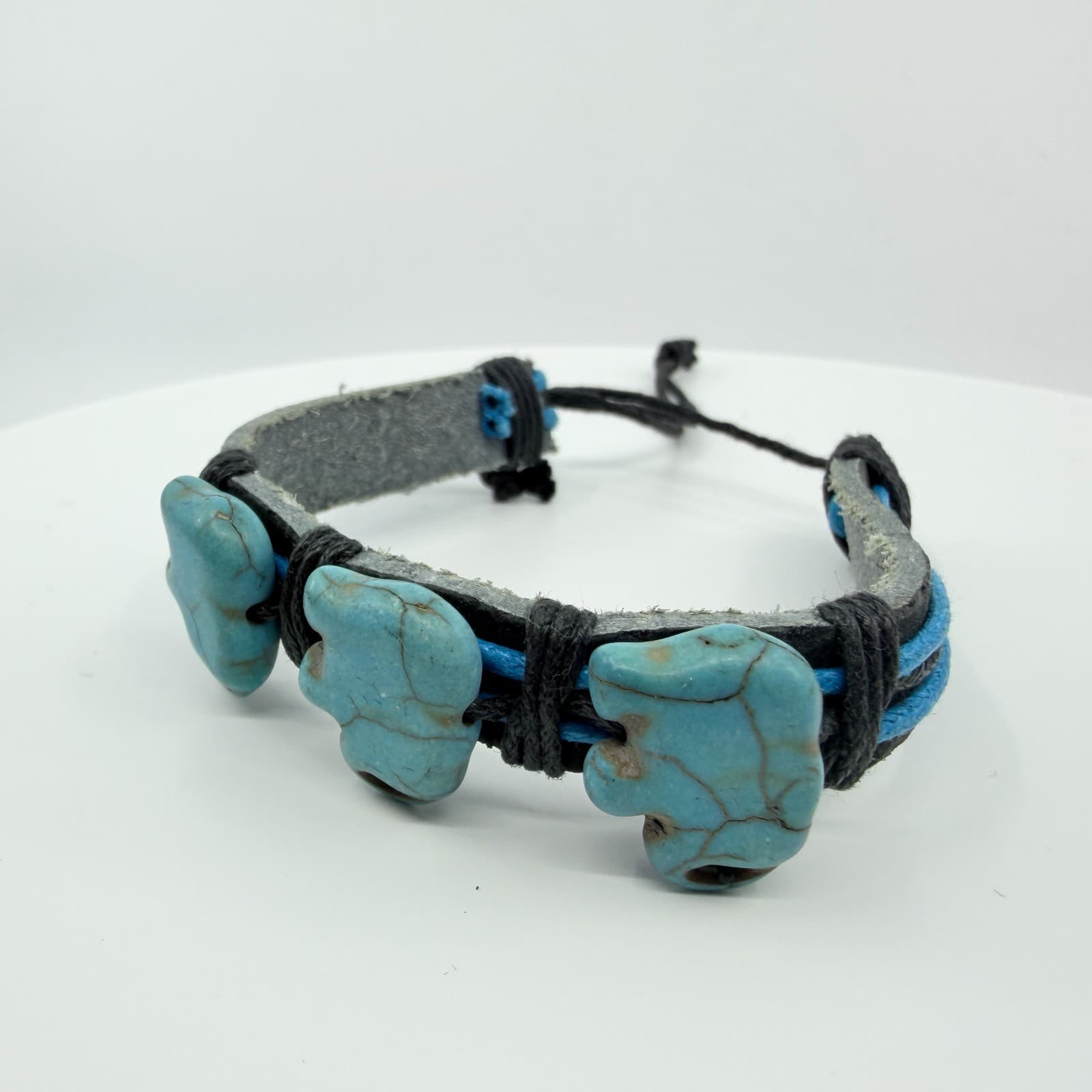 Vintage Boho Blue Elephant Bracelet Faux Leather Wrap Beaded Surfer Statement - Thumbnail 3