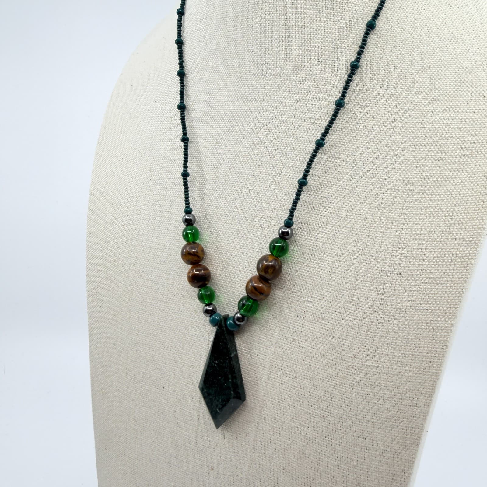 Vintage Green Brown Stone Necklace Geometric Pendant Boho Seed Bead Statement - Thumbnail 5