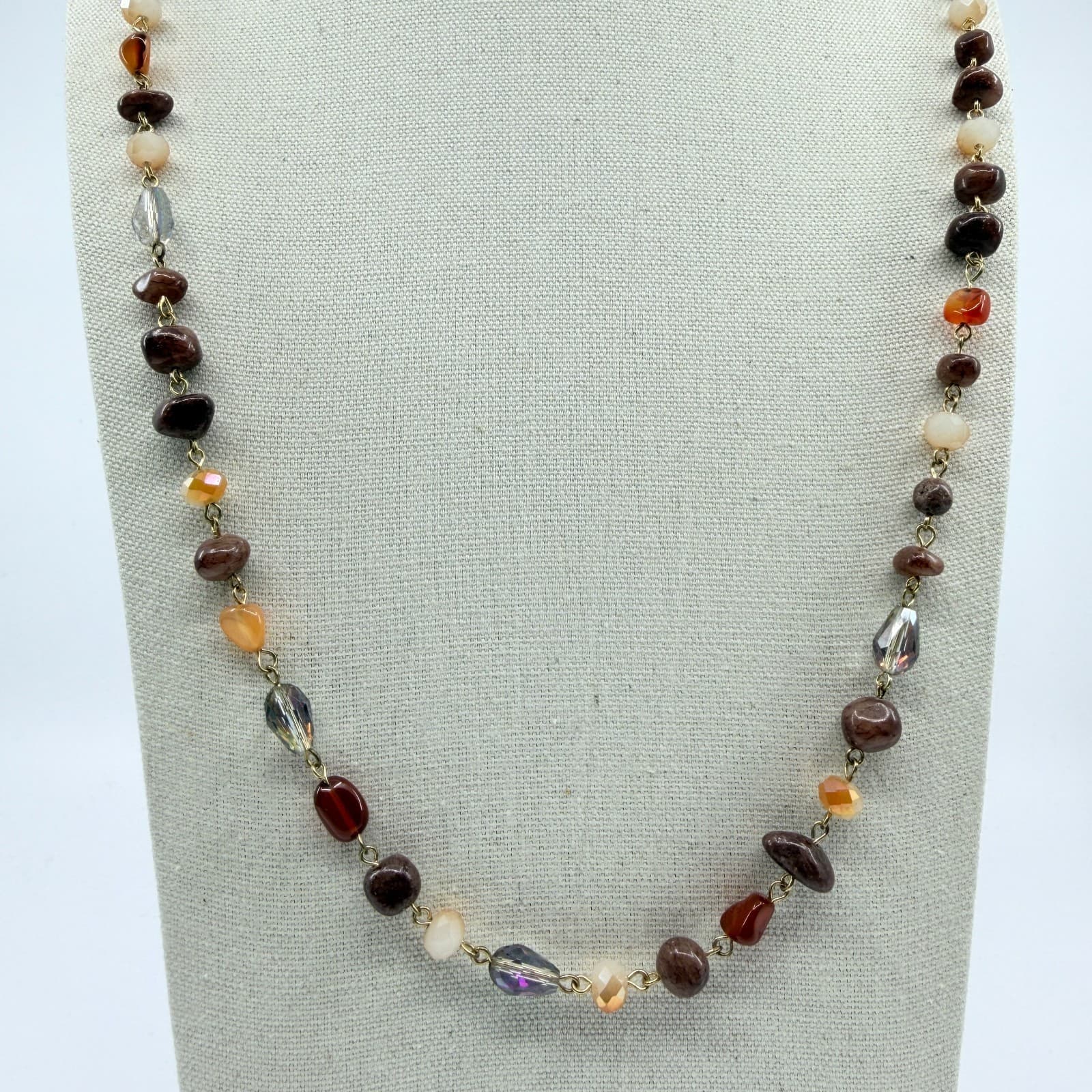 Vintage Gold Tone Brown Beaded Necklace Earth Tone Boho Statement Y2K Retro 90s - Thumbnail 2