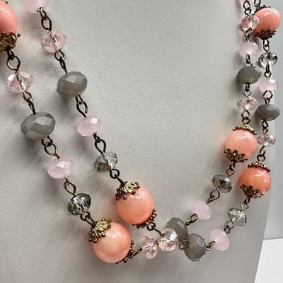 Vintage Multicolor Crystal Bead Double Strand Necklace Gold Tone 90s Jewelry - Thumbnail 3