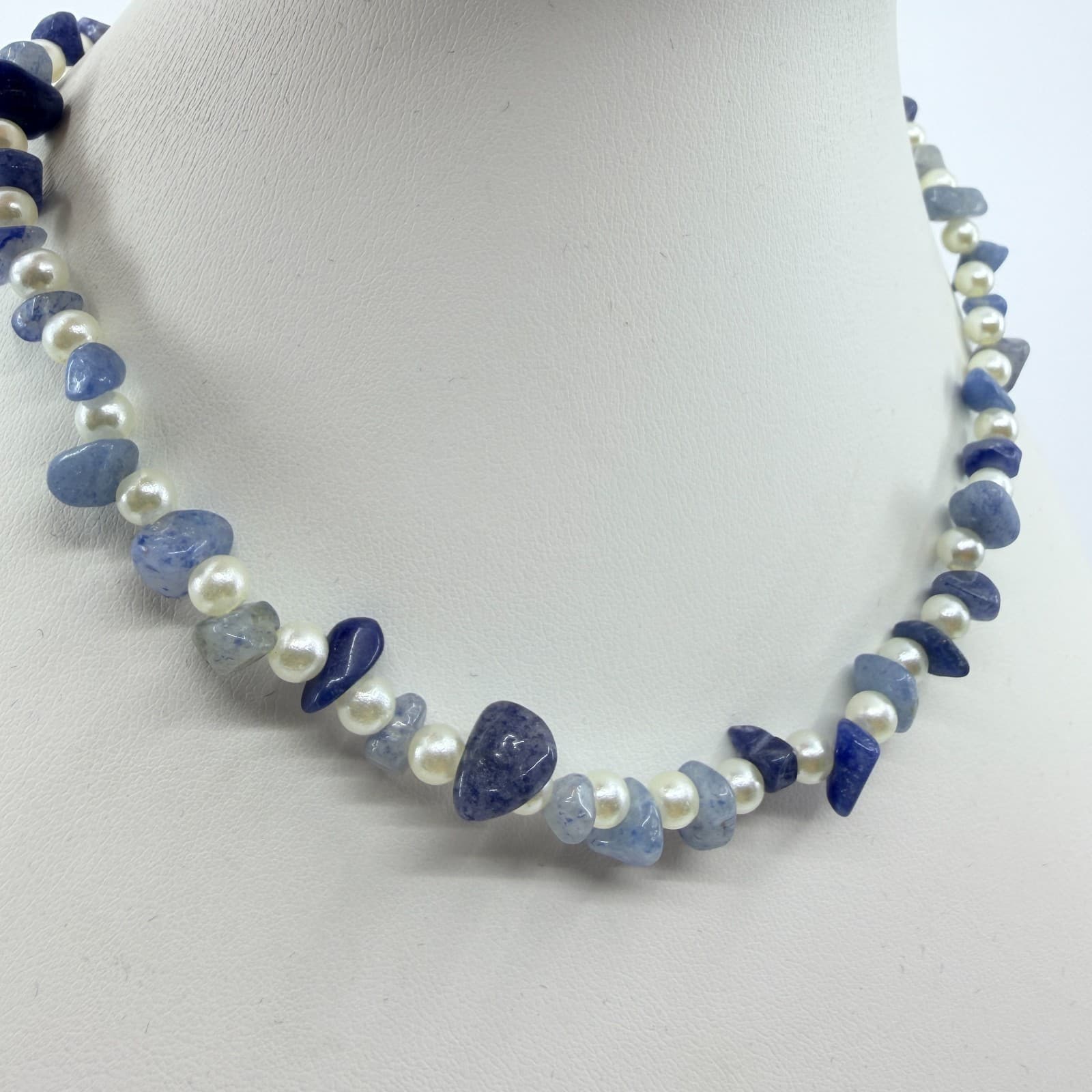 Vintage Blue Stone Chip Necklace Faux Pearl Beaded Statement Boho Y2K 90s Retro - Thumbnail 2