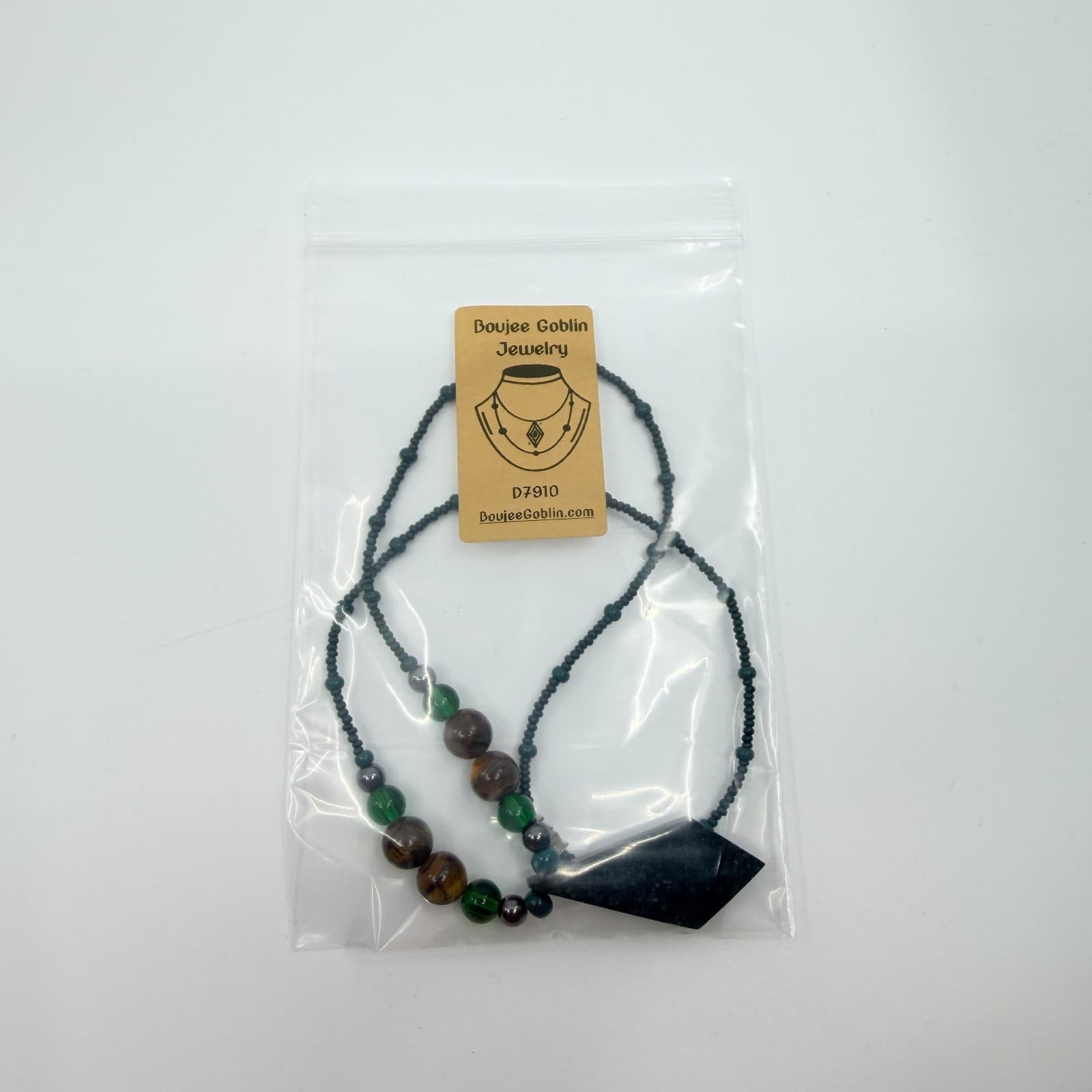 Vintage Green Brown Stone Necklace Geometric Pendant Boho Seed Bead Statement - Thumbnail 10