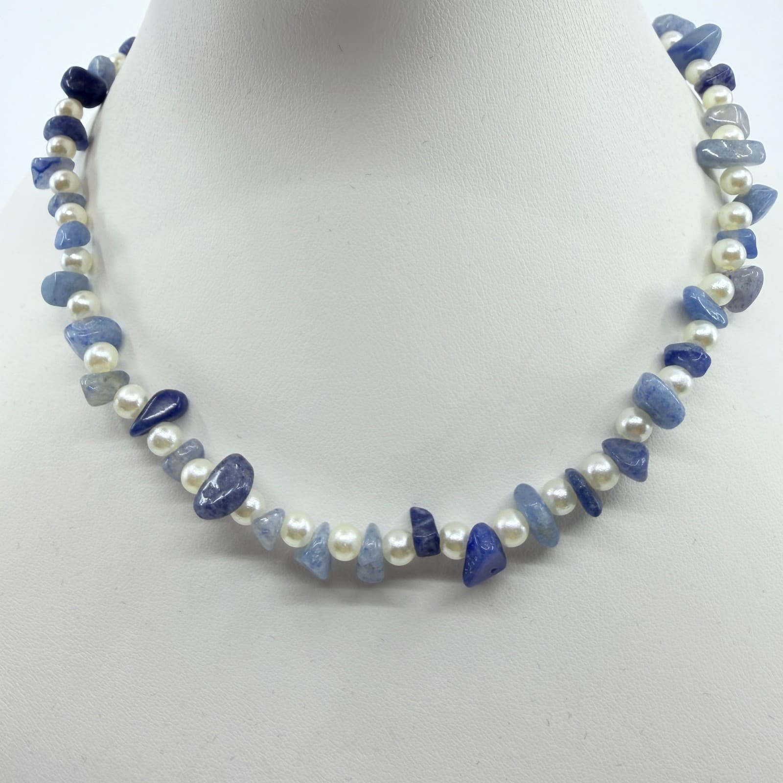Vintage Blue Stone Chip Necklace Faux Pearl Beaded Statement Boho Y2K 90s Retro - Thumbnail 6