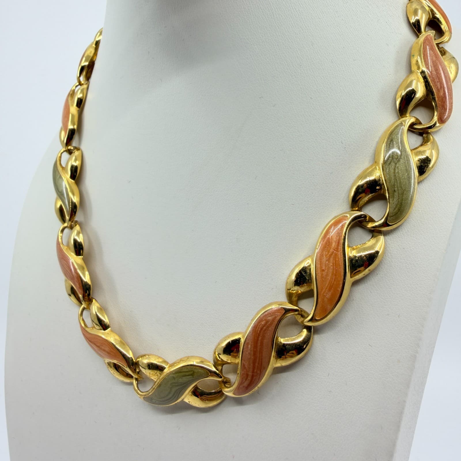 Vintage Gold Tone Enamel Necklace Pink Green Pastel Collar Statement 90s Retro - Thumbnail 6