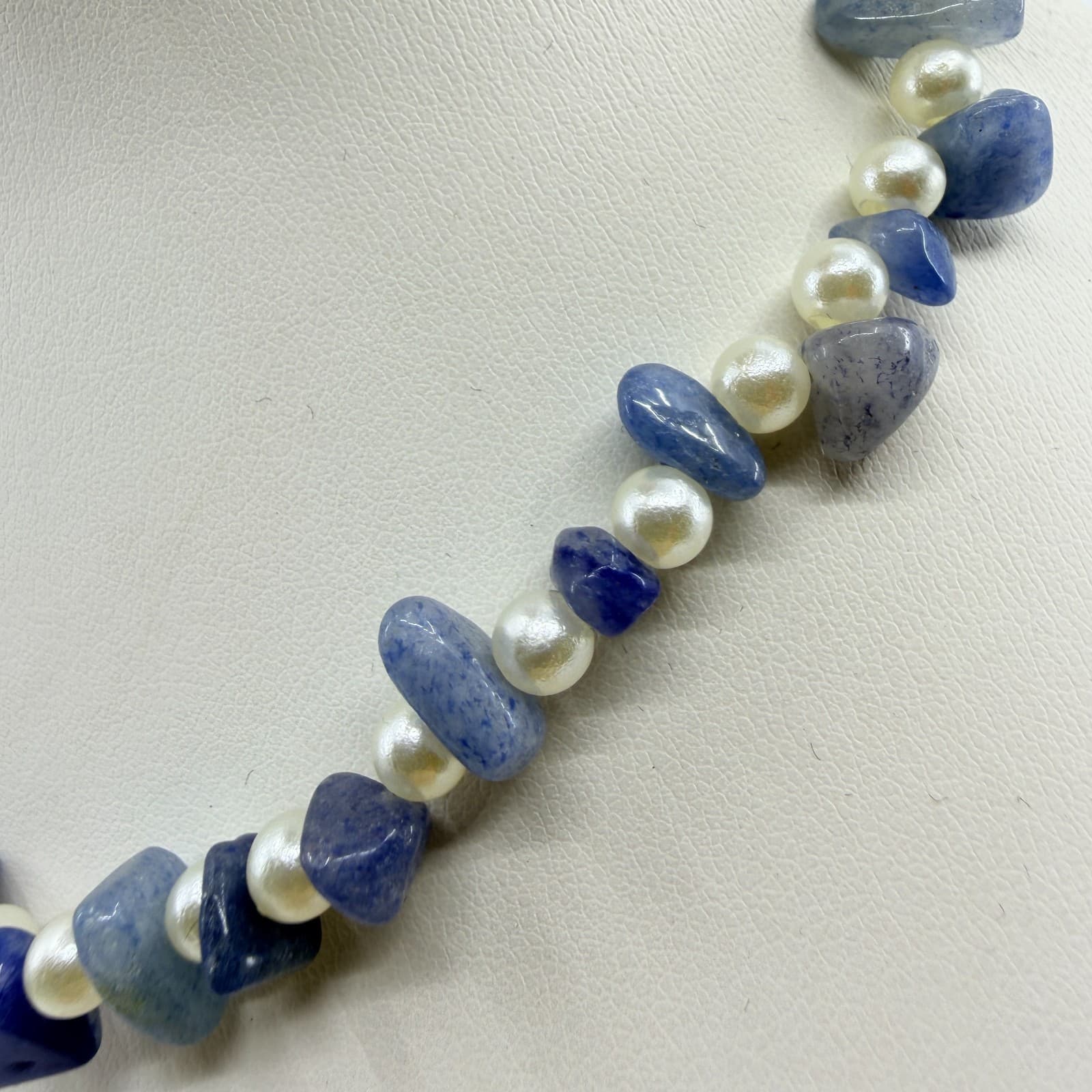 Vintage Blue Stone Chip Necklace Faux Pearl Beaded Statement Boho Y2K 90s Retro - Thumbnail 5