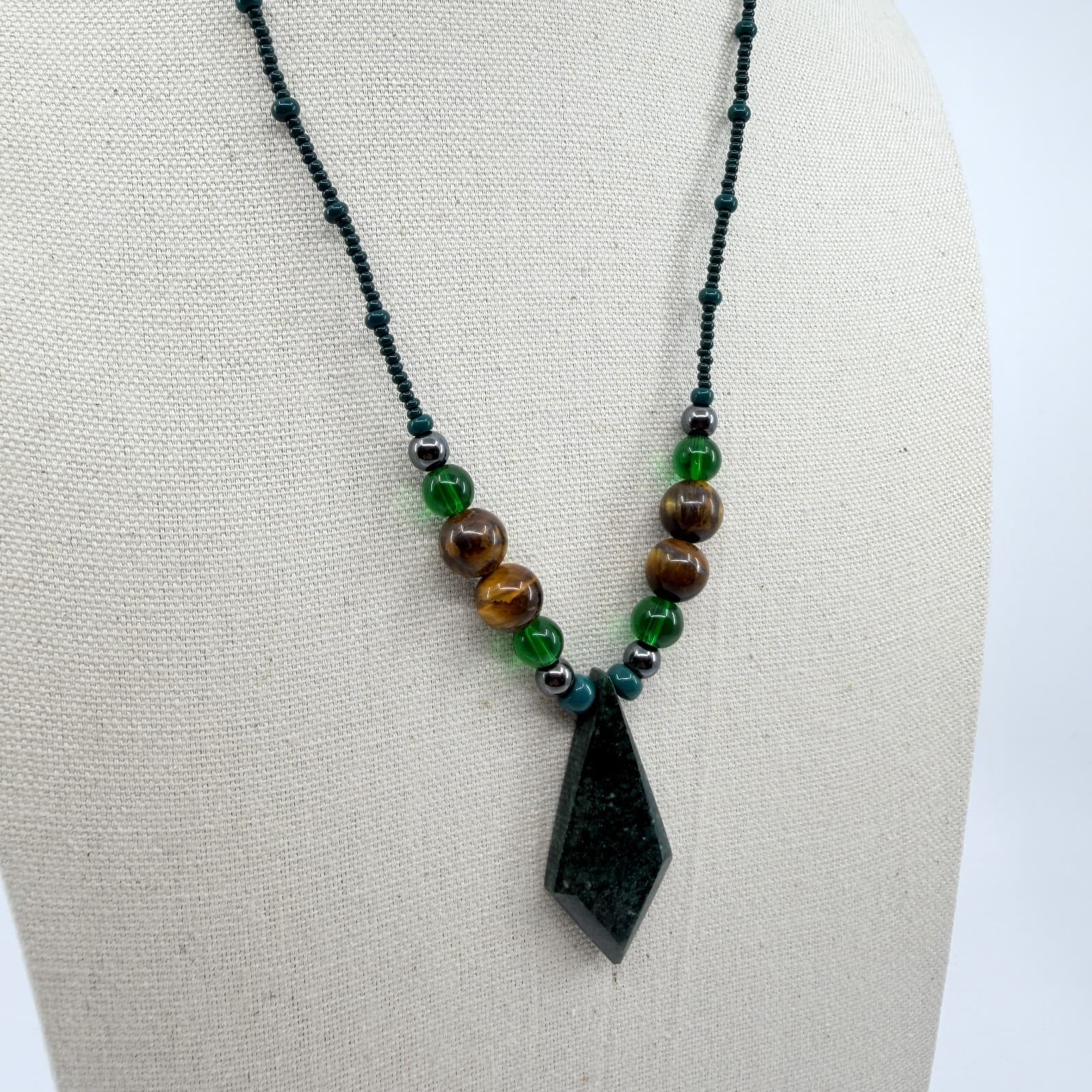Vintage Green Brown Stone Necklace Geometric Pendant Boho Seed Bead Statement - Thumbnail 3