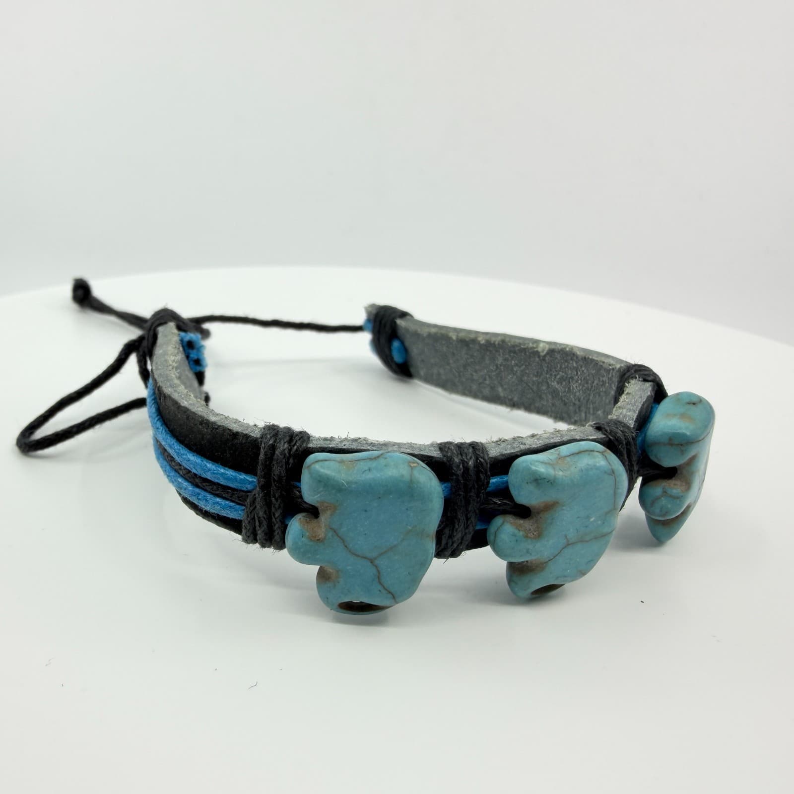 Vintage Boho Blue Elephant Bracelet Faux Leather Wrap Beaded Surfer Statement - Thumbnail 2