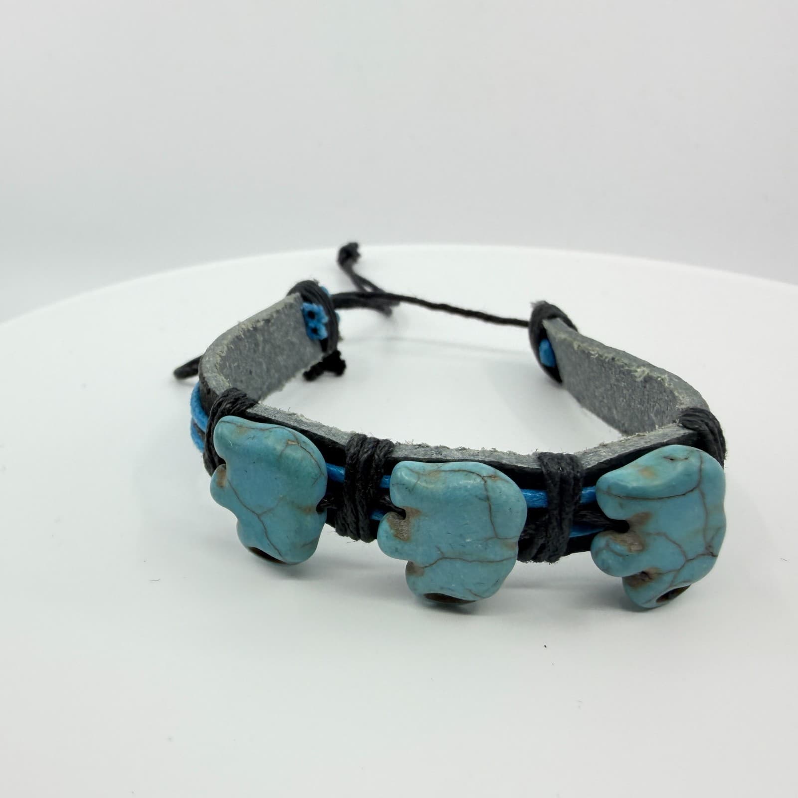 Vintage Boho Blue Elephant Bracelet Faux Leather Wrap Beaded Surfer Statement - Thumbnail 6