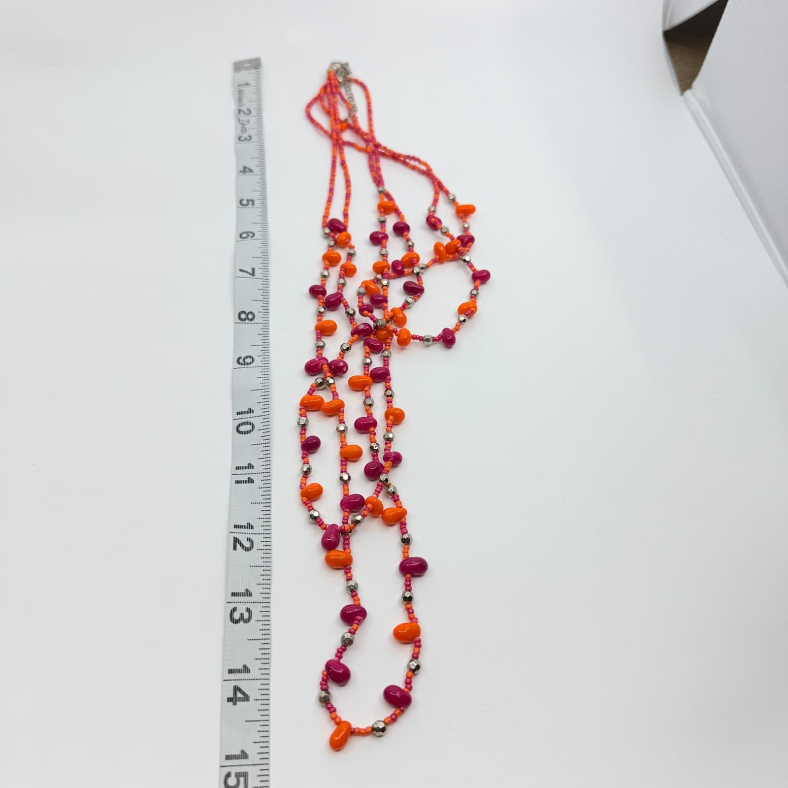 Vintage Pink Orange Beaded Necklace Multi Strand Silver Tone Boho Statement Y2K - Thumbnail 10