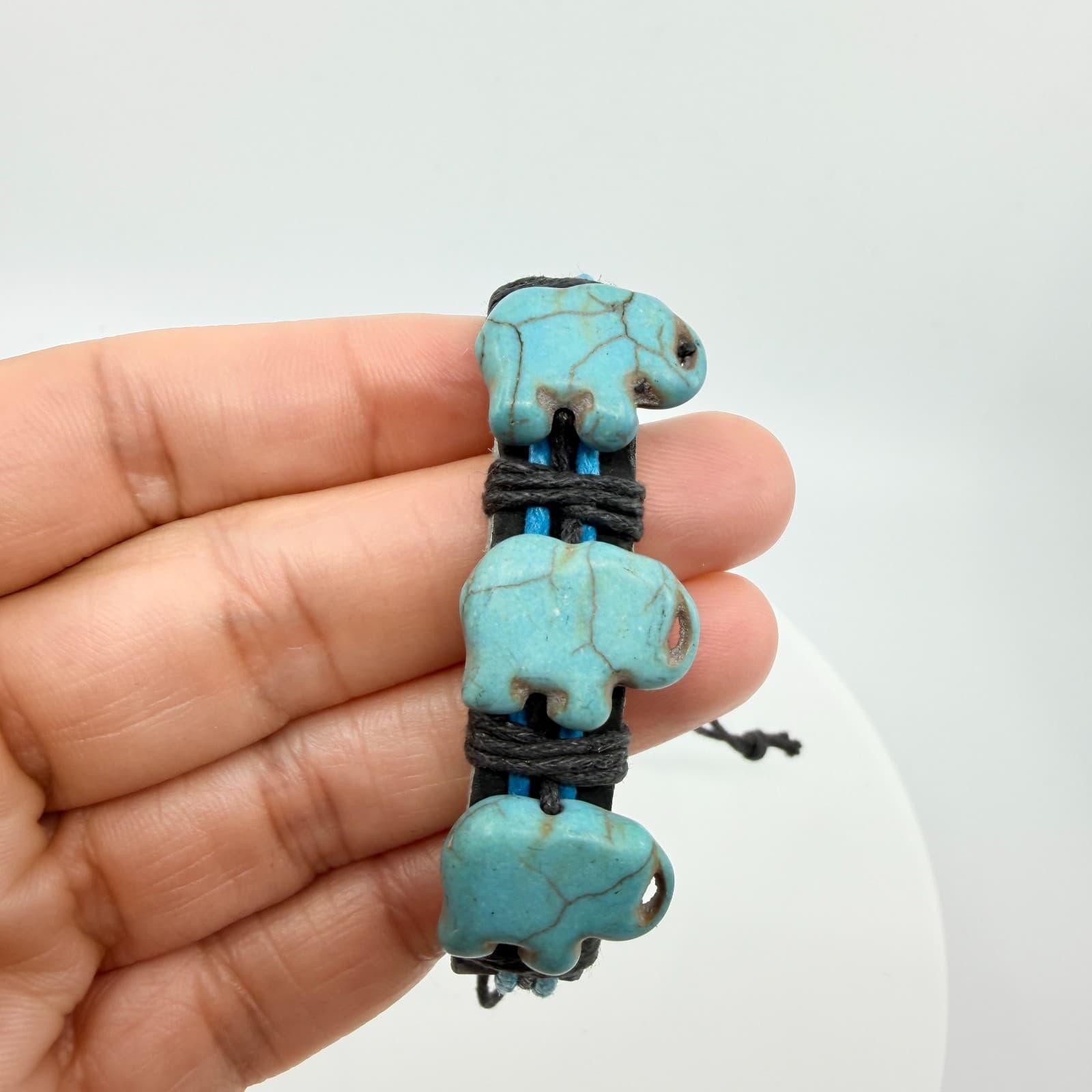 Vintage Boho Blue Elephant Bracelet Faux Leather Wrap Beaded Surfer Statement - Thumbnail 8