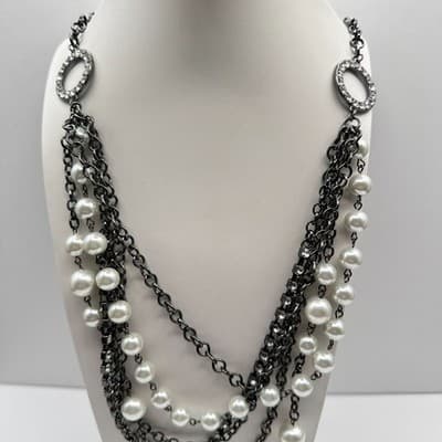 Vintage 90s NY Multi-Strand Faux Pearl Glass Layered Necklace Women's Jewelry - Thumbnail 2