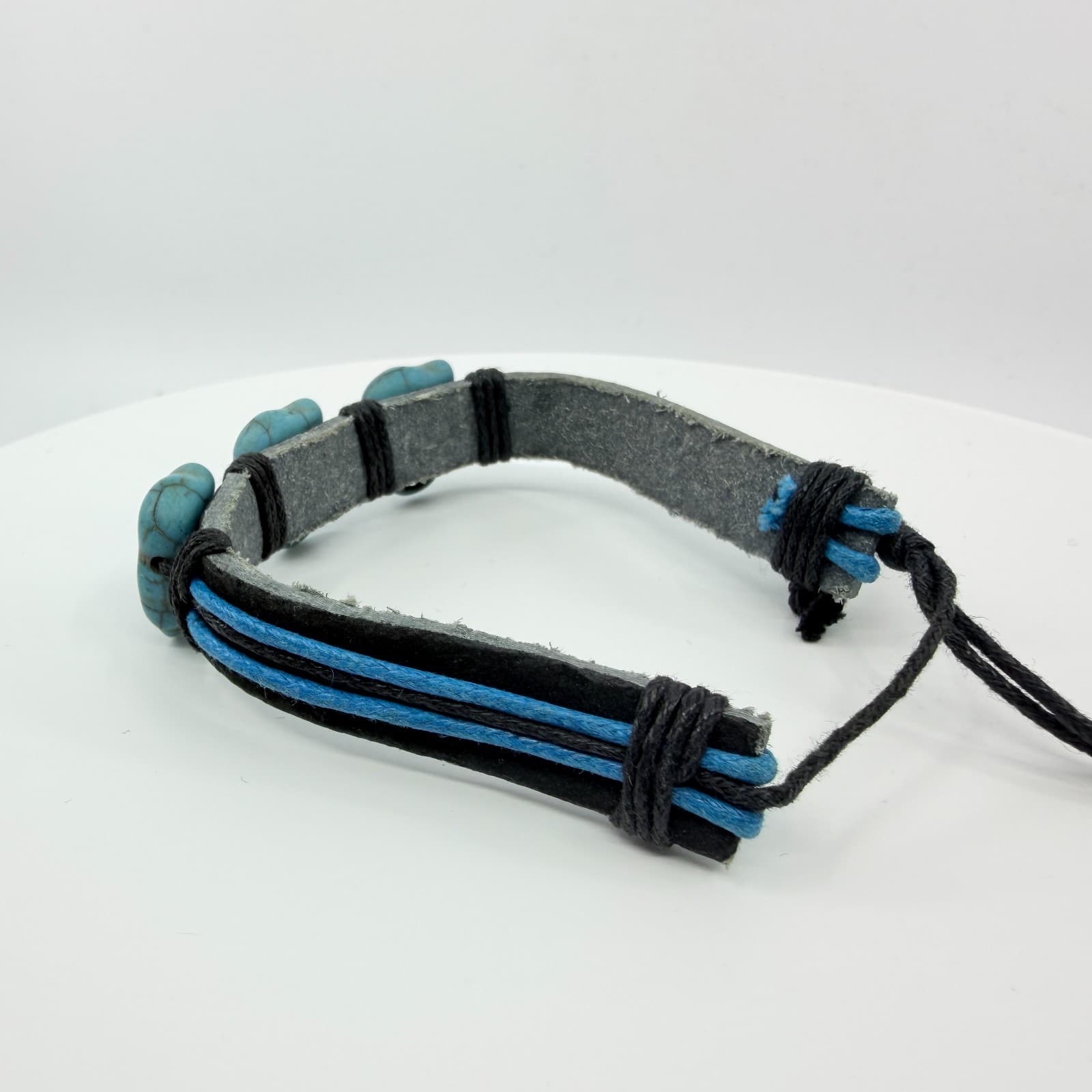 Vintage Boho Blue Elephant Bracelet Faux Leather Wrap Beaded Surfer Statement - Thumbnail 4