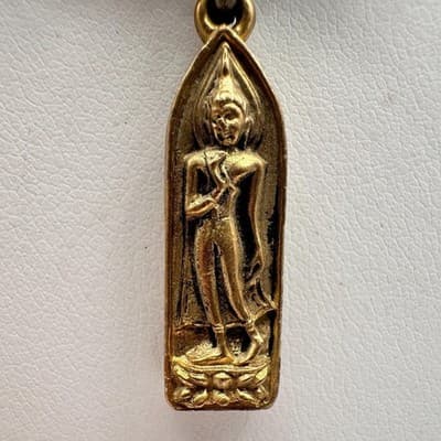 Vintage 90s Gold Tone Buddha Pendant Turquoise Glass Necklace Silk Bronze Tone - Thumbnail 8