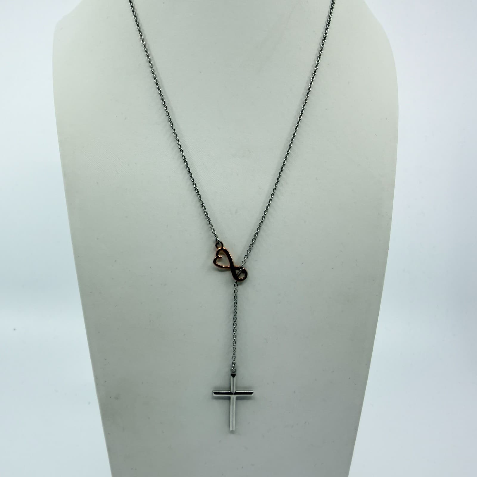 Vintage Silver Tone Cross Necklace Infinity Heart Two Tone Y Lariat Dainty Y2K - Thumbnail 4