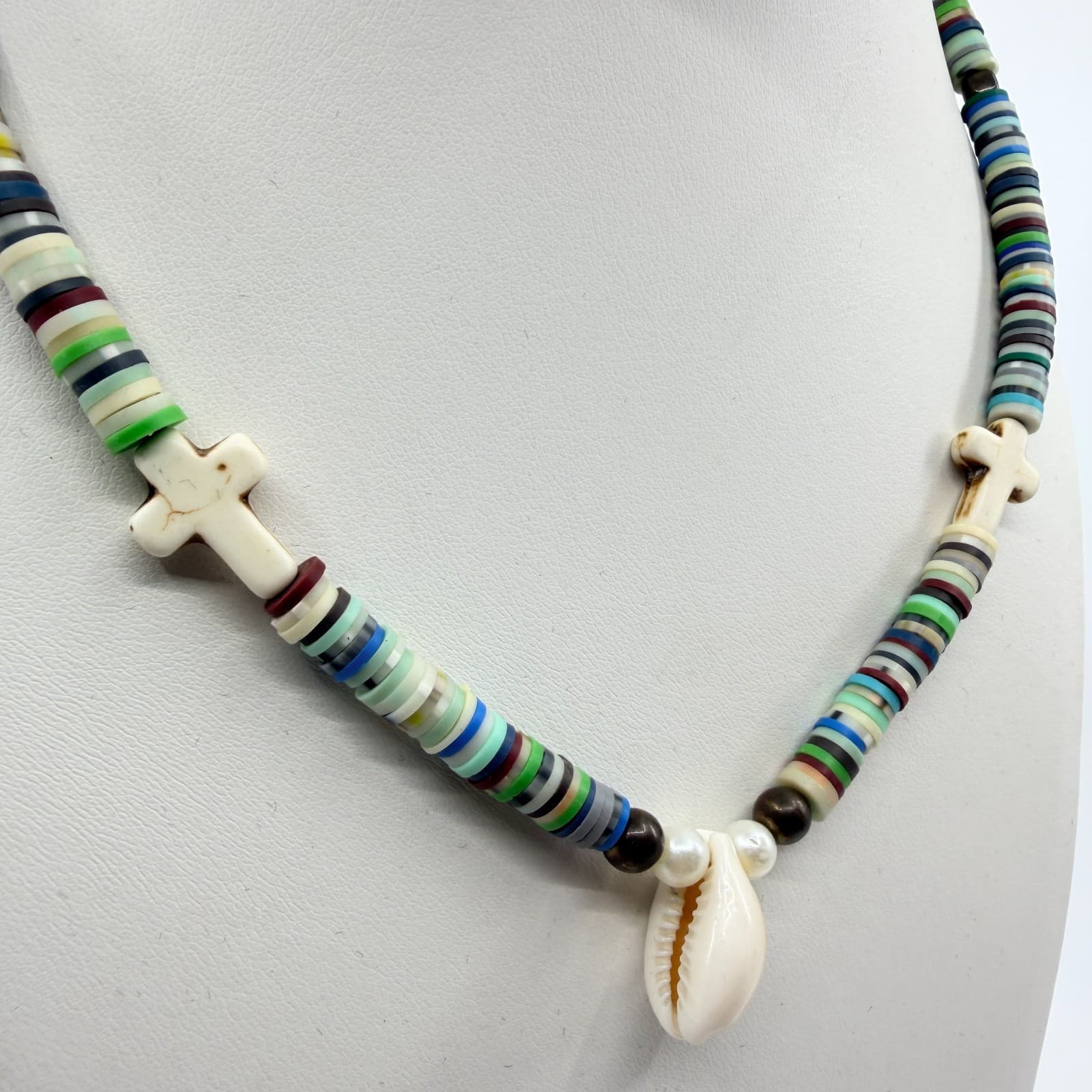 Vintage Boho Beaded Necklace Cowrie Shell Cross Pendant Multicolor Retro Y2K 90s - Thumbnail 2