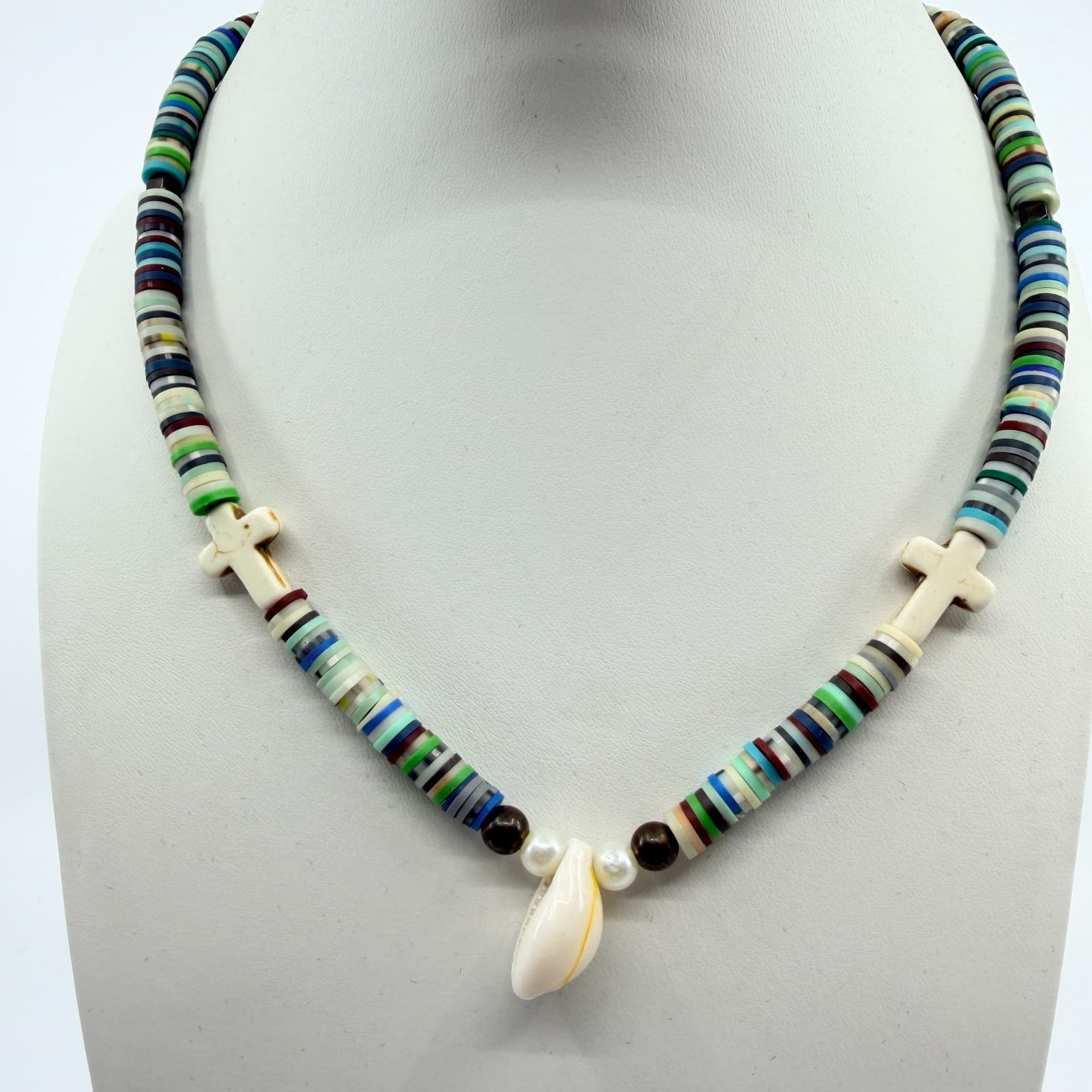 Vintage Boho Beaded Necklace Cowrie Shell Cross Pendant Multicolor Retro Y2K 90s - Thumbnail 6