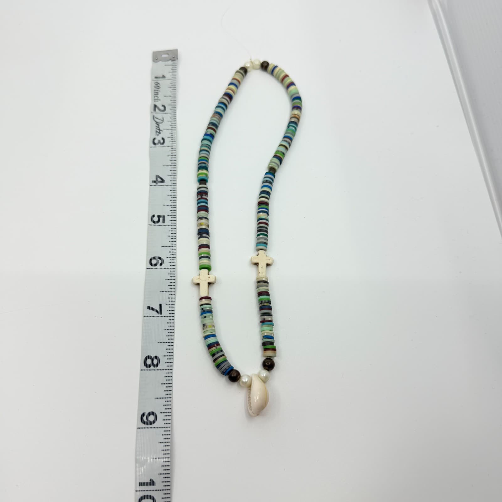 Vintage Boho Beaded Necklace Cowrie Shell Cross Pendant Multicolor Retro Y2K 90s - Thumbnail 8