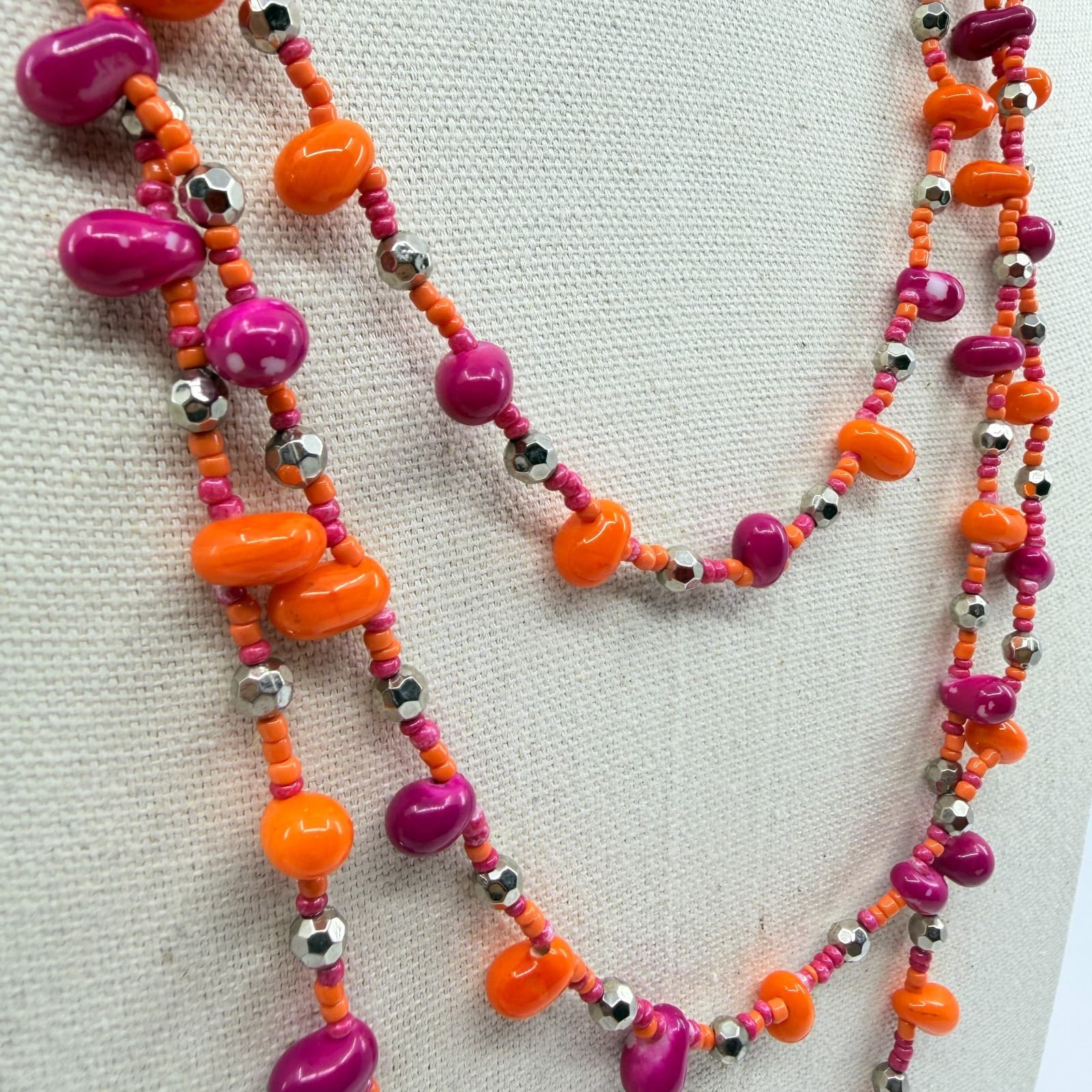 Vintage Pink Orange Beaded Necklace Multi Strand Silver Tone Boho Statement Y2K - Thumbnail 6