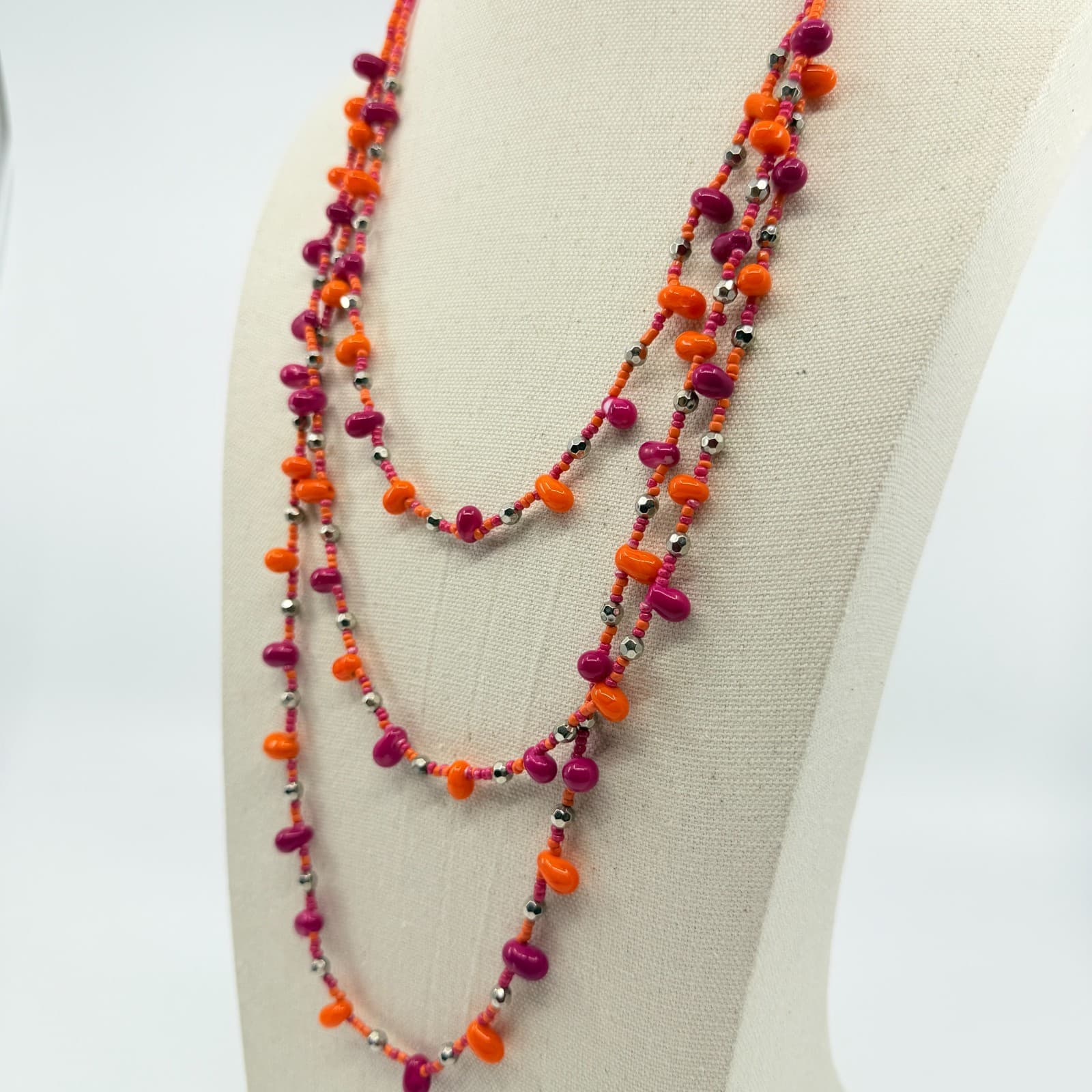 Vintage Pink Orange Beaded Necklace Multi Strand Silver Tone Boho Statement Y2K - Thumbnail 7