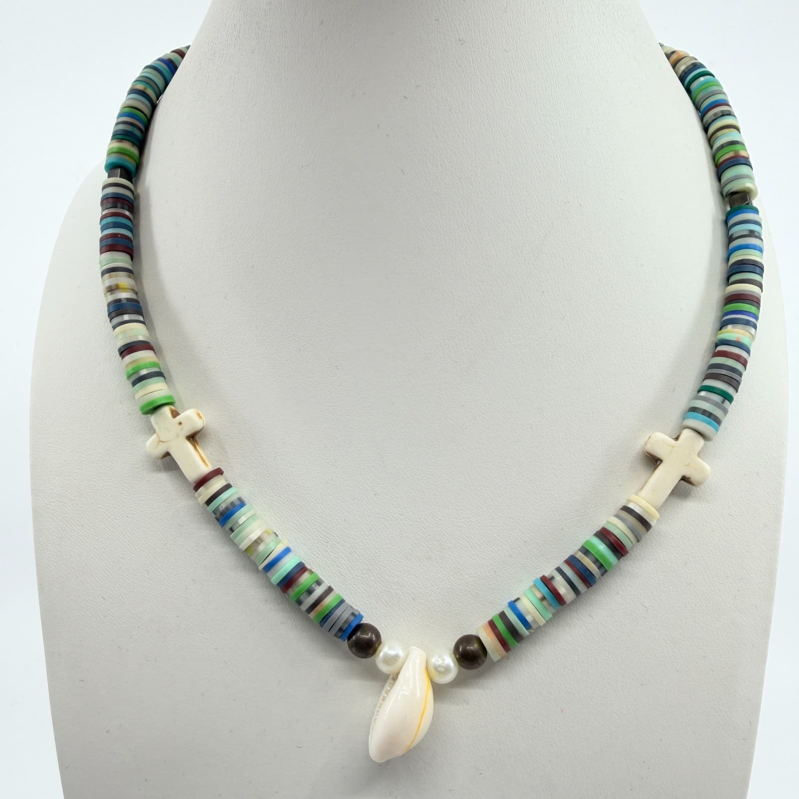 Vintage Boho Beaded Necklace Cowrie Shell Cross Pendant Multicolor Retro Y2K 90s - Thumbnail 7