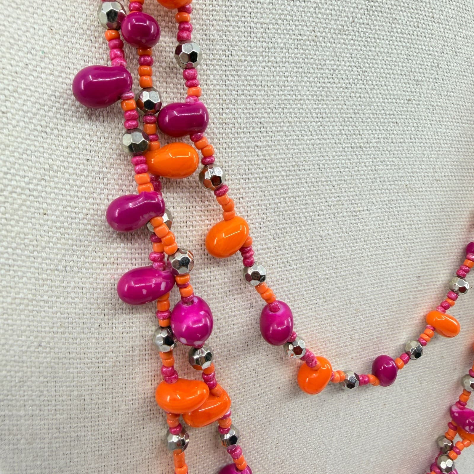 Vintage Pink Orange Beaded Necklace Multi Strand Silver Tone Boho Statement Y2K - Thumbnail 4