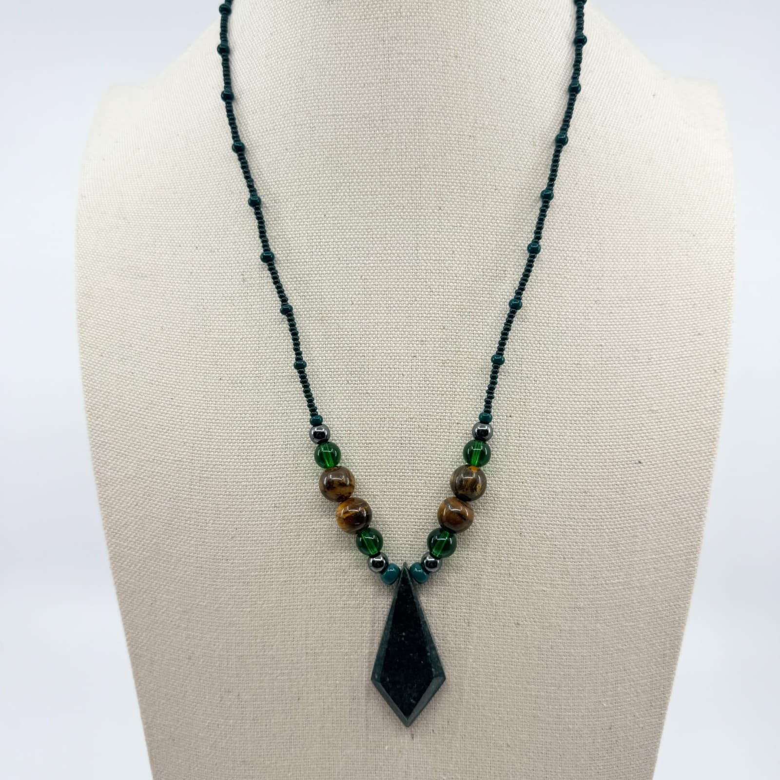 Vintage Green Brown Stone Necklace Geometric Pendant Boho Seed Bead Statement - Thumbnail 7