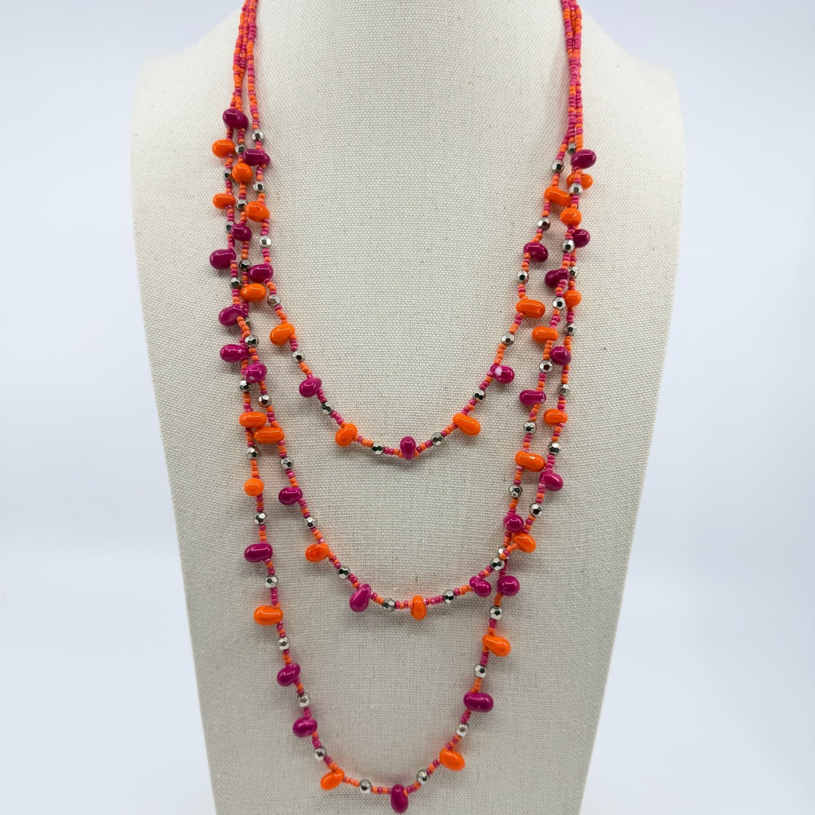 Vintage Pink Orange Beaded Necklace Multi Strand Silver Tone Boho Statement Y2K - Thumbnail 3