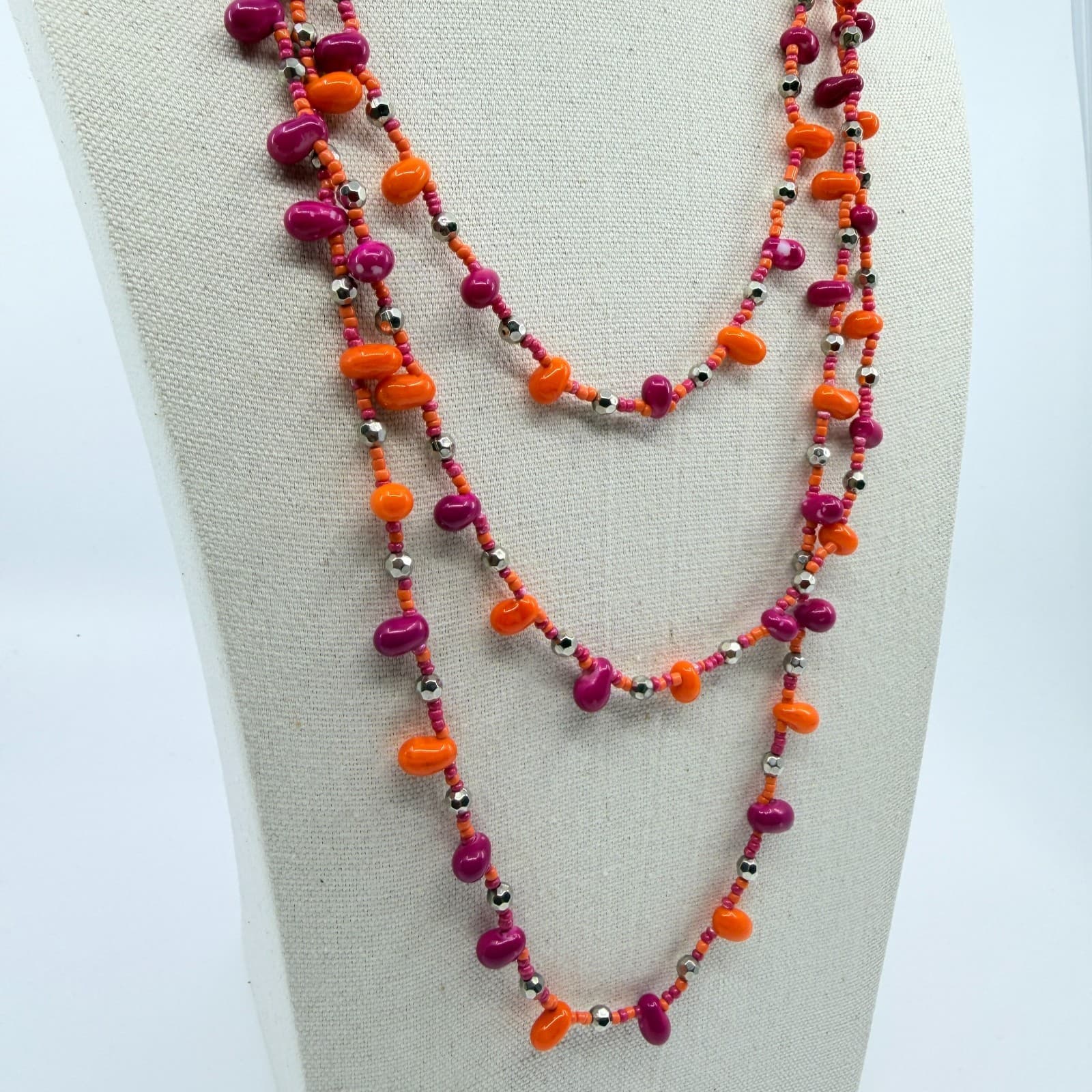 Vintage Pink Orange Beaded Necklace Multi Strand Silver Tone Boho Statement Y2K - Thumbnail 5