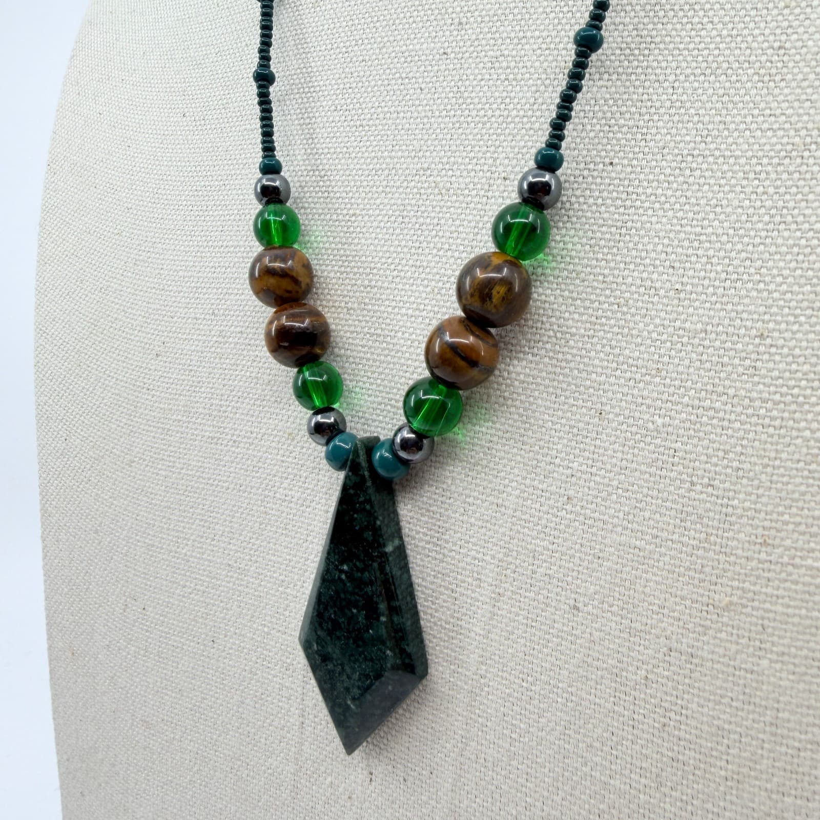 Vintage Green Brown Stone Necklace Geometric Pendant Boho Seed Bead Statement - Thumbnail 4