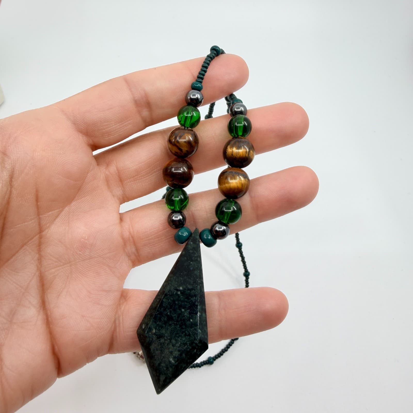 Vintage Green Brown Stone Necklace Geometric Pendant Boho Seed Bead Statement - Thumbnail 8