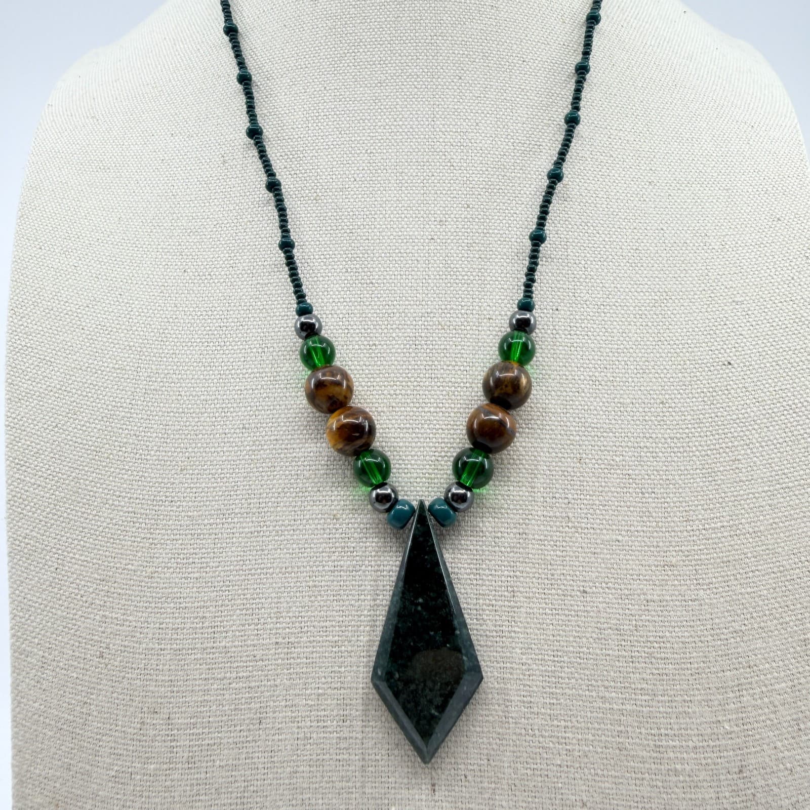 Vintage Green Brown Stone Necklace Geometric Pendant Boho Seed Bead Statement - Thumbnail 6