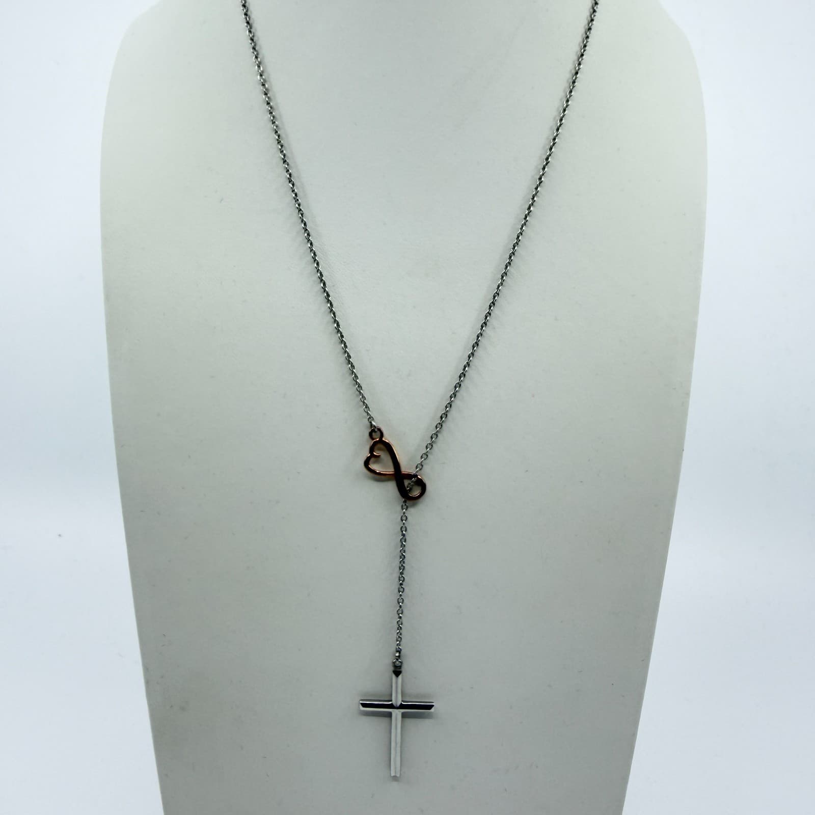 Vintage Silver Tone Cross Necklace Infinity Heart Two Tone Y Lariat Dainty Y2K - Thumbnail 2