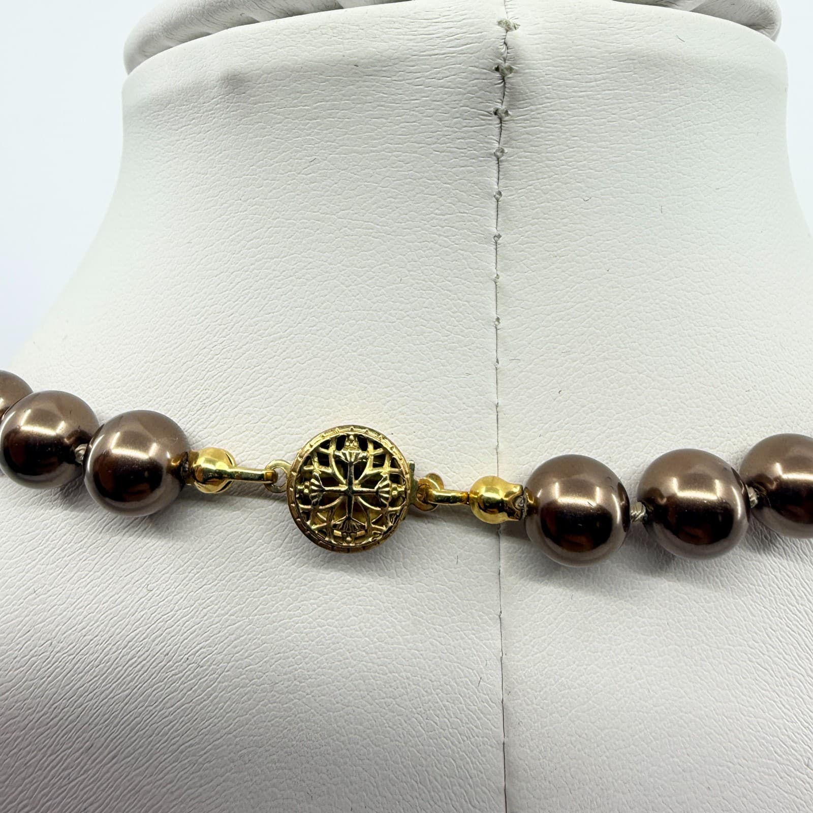Vintage Brown Faux Pearl Necklace Bronze Metallic Bead Choker Statement Y2K 90s - Thumbnail 7