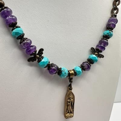 Vintage 90s Gold Tone Buddha Pendant Turquoise Glass Necklace Silk Bronze Tone - Thumbnail 6