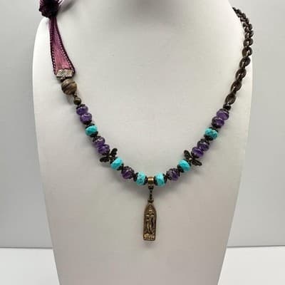 Vintage 90s Gold Tone Buddha Pendant Turquoise Glass Necklace Silk Bronze Tone - Thumbnail 2