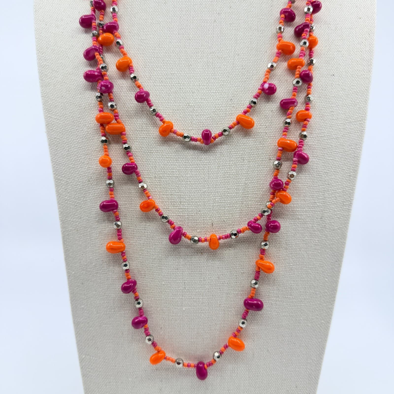Vintage Pink Orange Beaded Necklace Multi Strand Silver Tone Boho Statement Y2K - Thumbnail 2