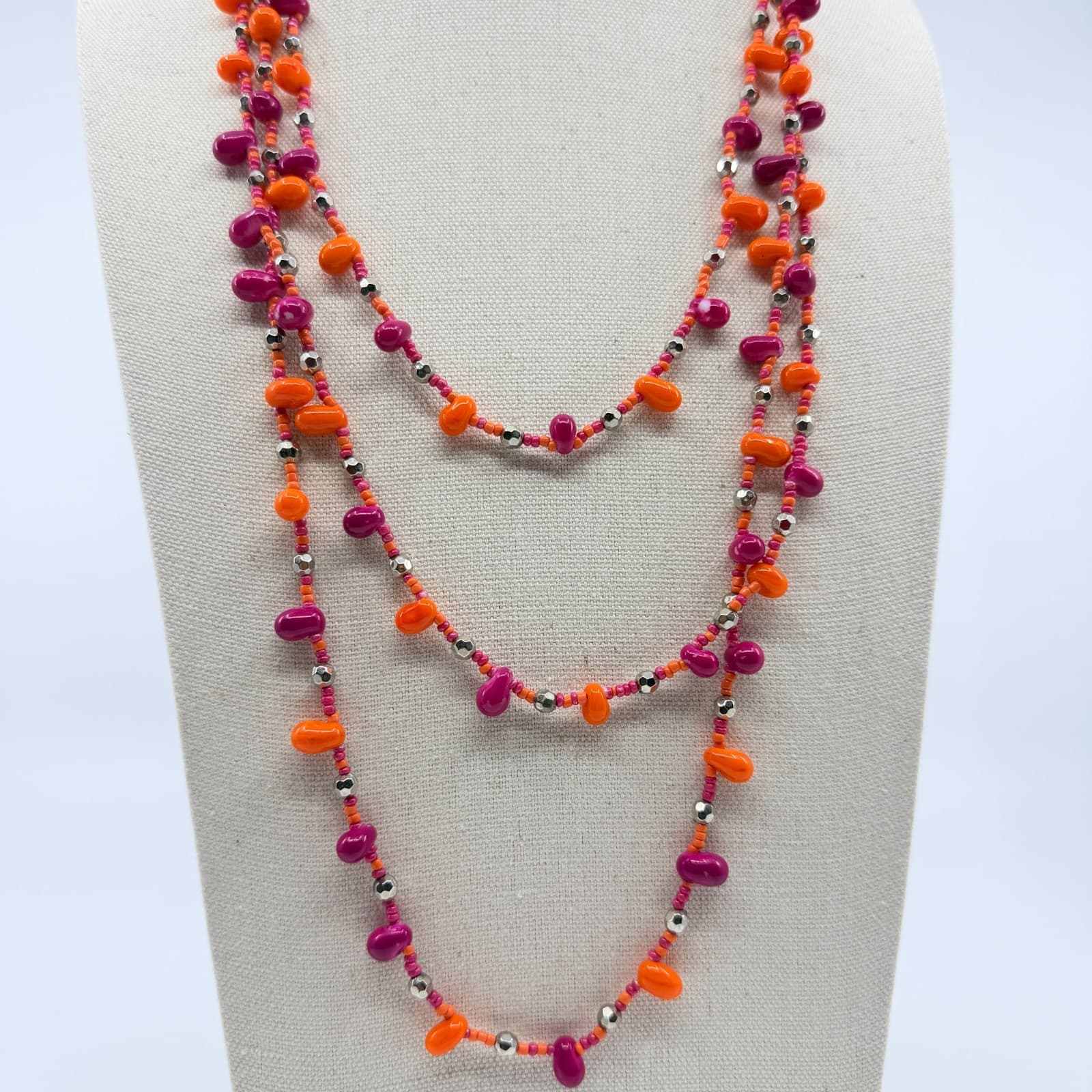 Vintage Pink Orange Beaded Necklace Multi Strand Silver Tone Boho Statement Y2K - Thumbnail 8