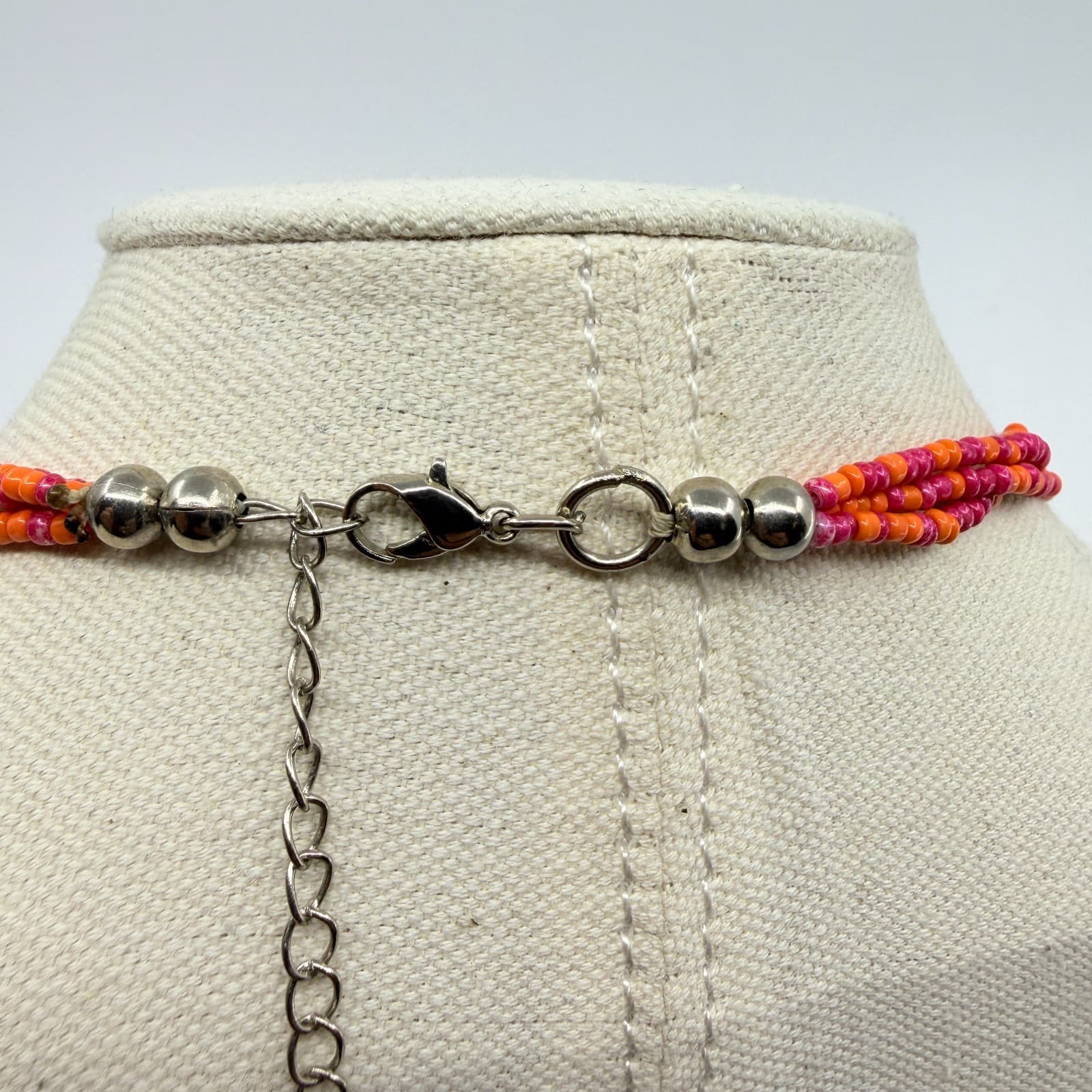 Vintage Pink Orange Beaded Necklace Multi Strand Silver Tone Boho Statement Y2K - Thumbnail 9