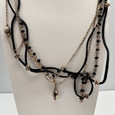 Vintage 90s Multi Strand Beads Black Cord Necklace Gold Tone Women's Jewelry - Thumbnail 3
